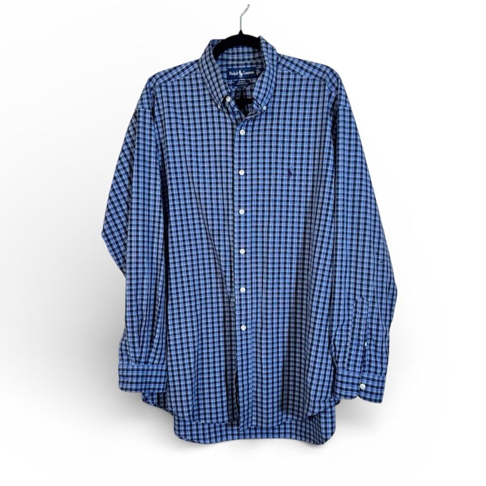 Ralph Lauren Blue Plaid Button Down Shirt Mens L Casual Fall Preppy Academia